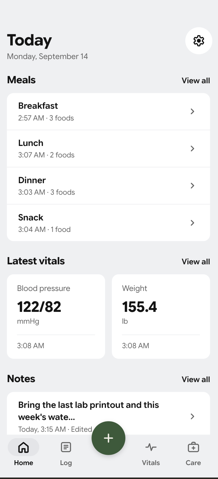 The Today screen with meals, vitals, and notes