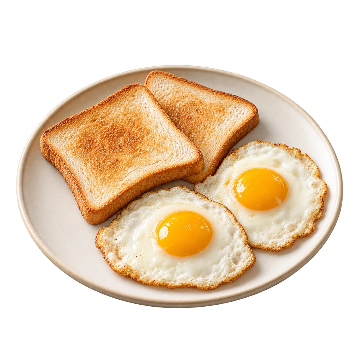 Illustrative breakfast of two slices of toast and two eggs on a ceramic plate