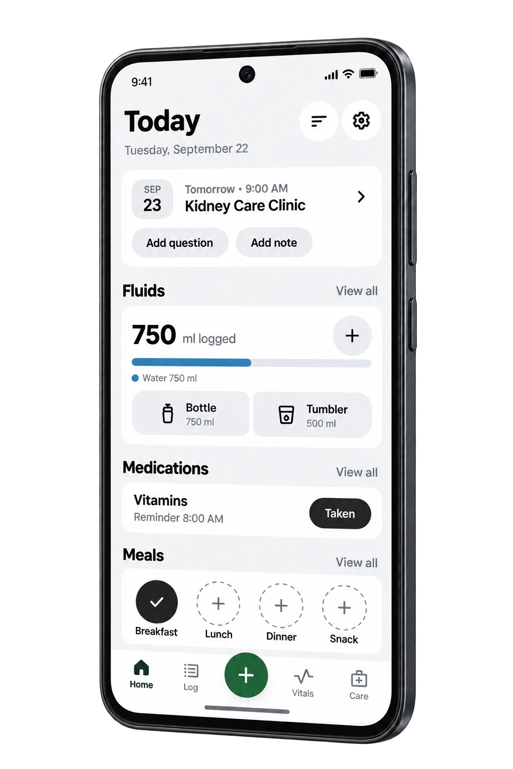 Remade Kidney Daily Today screen with fluid entries, a medication check-in, meals and the next clinic visit